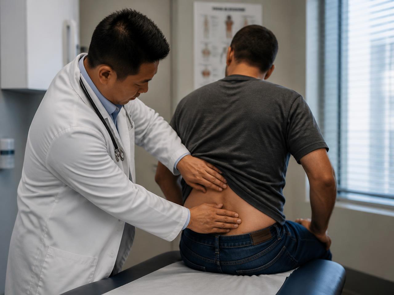 Physician evaluating a patient's back pain at Top Care Medical Clinic
